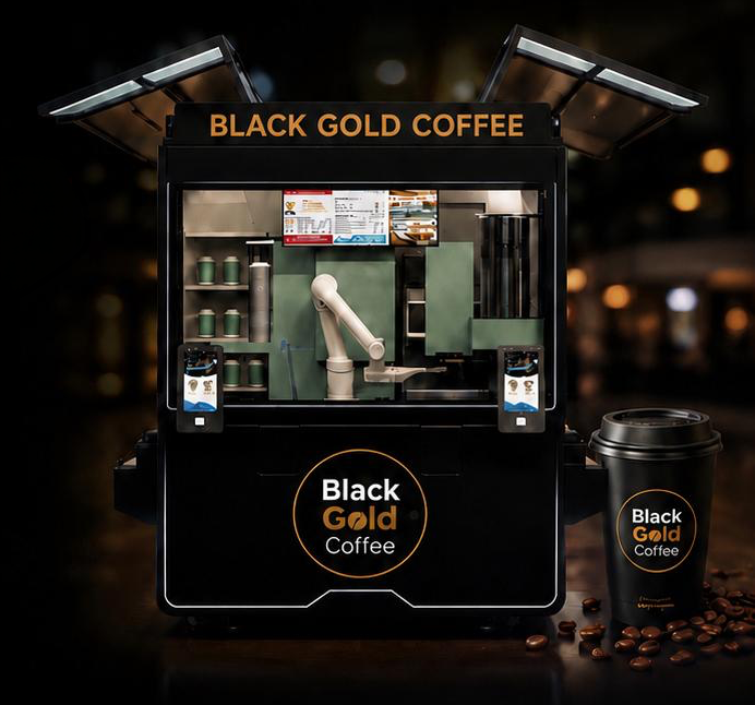 Black Gold Coffee robotic kiosk with branded takeaway cup.