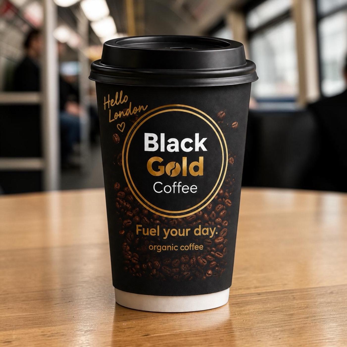 Black Gold Coffee branded takeaway cup on a wooden surface.